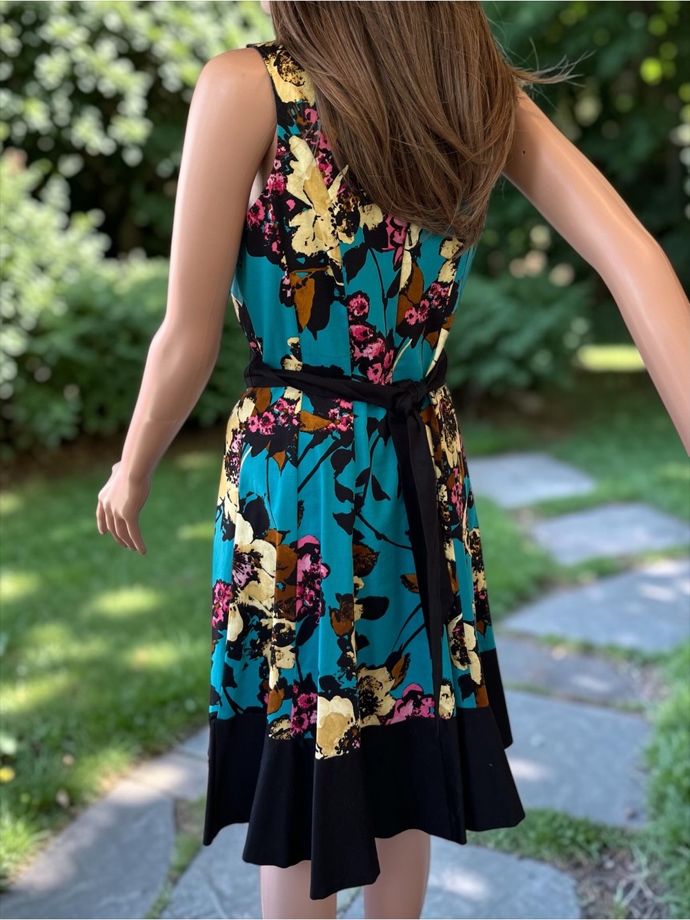 Nine West Teal Floral Fit & Flare Dress Size 6 Belted Cotton Stretch Y2K - Picture 6 of 10